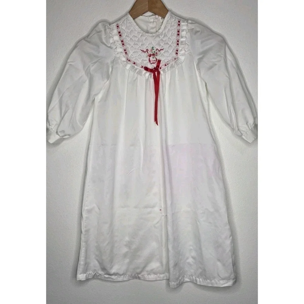 Vtg Christian Dior Girl Sleep Pajama Gown Satin Sz 6 White Flowers Ribbon *flaws